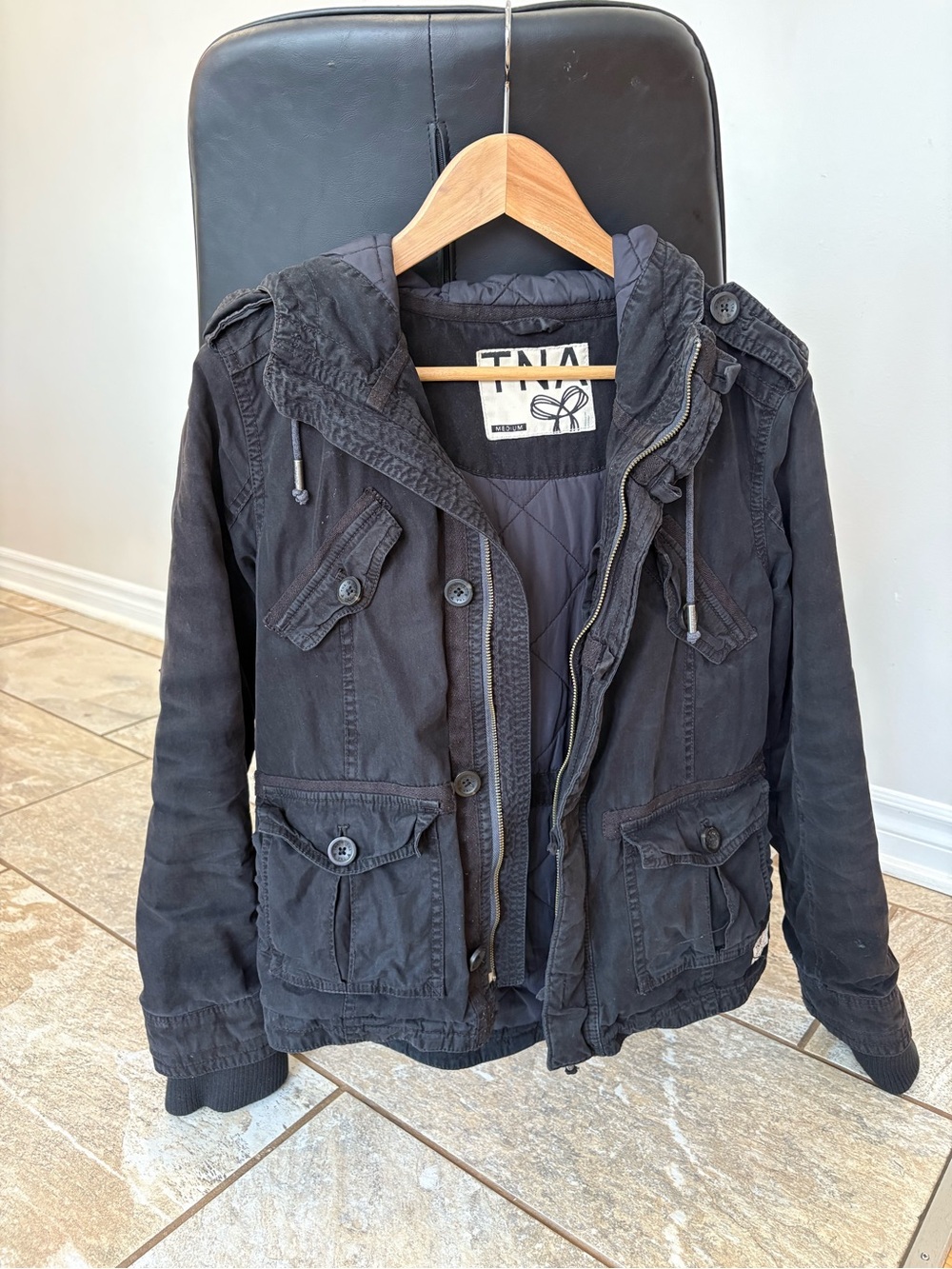 TNA Quilted Hooded Jacket in Black